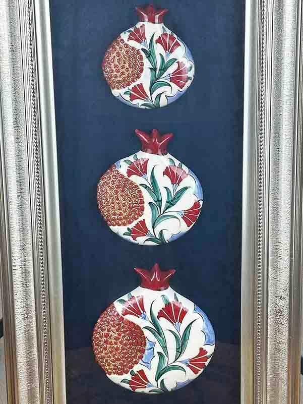 New Home Gift: Carnation and Abundance – Triple Iznik Ceramic Pomegranate Panel - 2