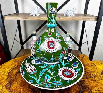 Night Garden Pattern Iznik Ceramic Vase and Plate Set - Çini Evi