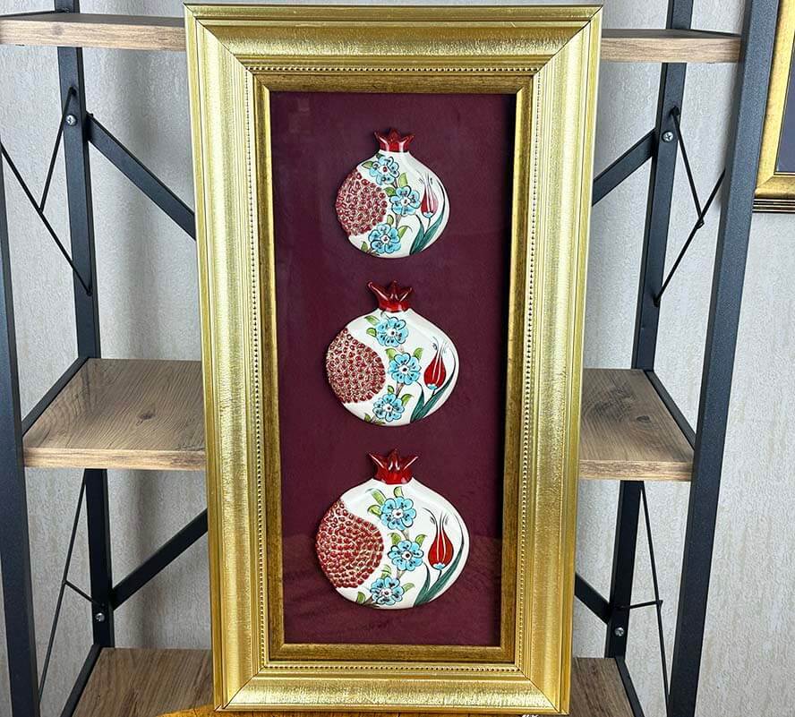 Official Visit Gift: Triple Iznik Ceramic Pomegranate Panel with Tulip and Spring Flower Motifs - 1