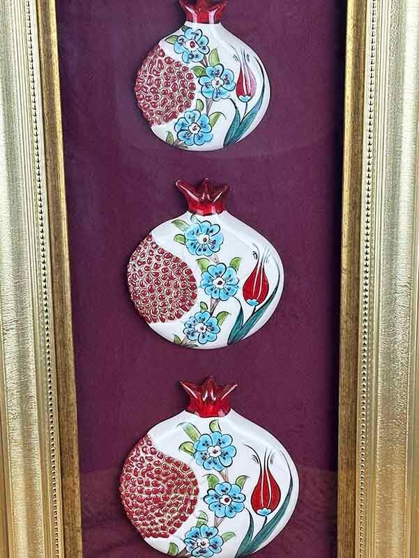Official Visit Gift: Triple Iznik Ceramic Pomegranate Panel with Tulip and Spring Flower Motifs - 3