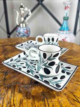 Olive Branch Pattern Ceramic Coffee Presentation Set - Corporate Design - Çini Evi (1)