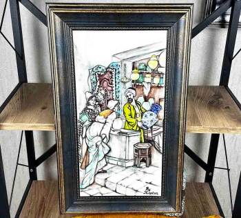 Osmanlıda Pazar Sahnesi 20*40cm Çini Pano - Çini Evi