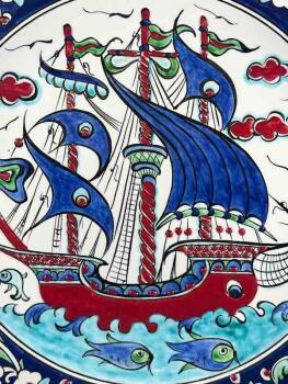 Ottoman Galleon 30 cm (11.81 in) Iznik Ceramic Plate - 2