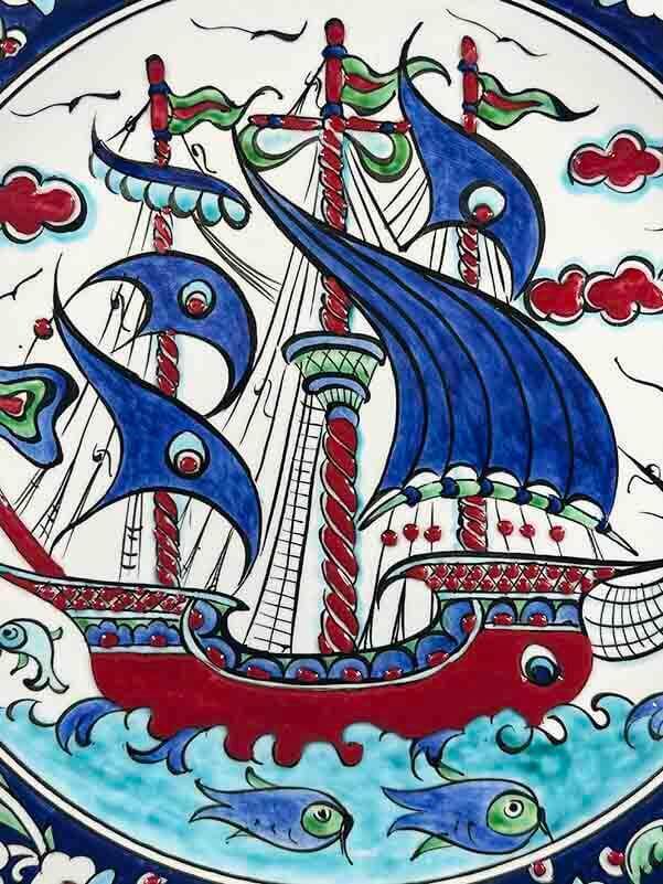 Ottoman Galleon 30 cm (11.81 in) Iznik Ceramic Plate - 2