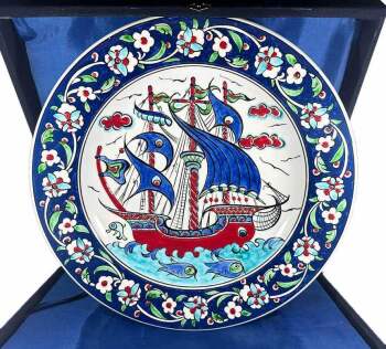 Ottoman Galleon 30 cm (11.81 in) Iznik Ceramic Plate - Çini Evi