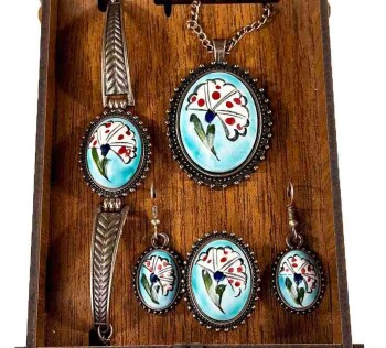 Parure de Bijoux Femme – Céramique d’Iznik au Motif d’Œillet sur Fond Turquoise - Çini Evi