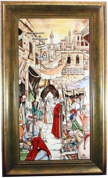 Pazar Sahnesi 20*40cm Çini Pano - Çini Evi