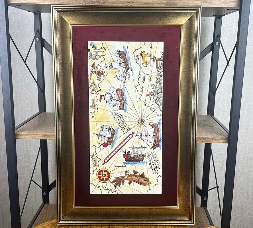 Piri Reis Haritası Motifli Paspartulu İznik Çini Pano - 1