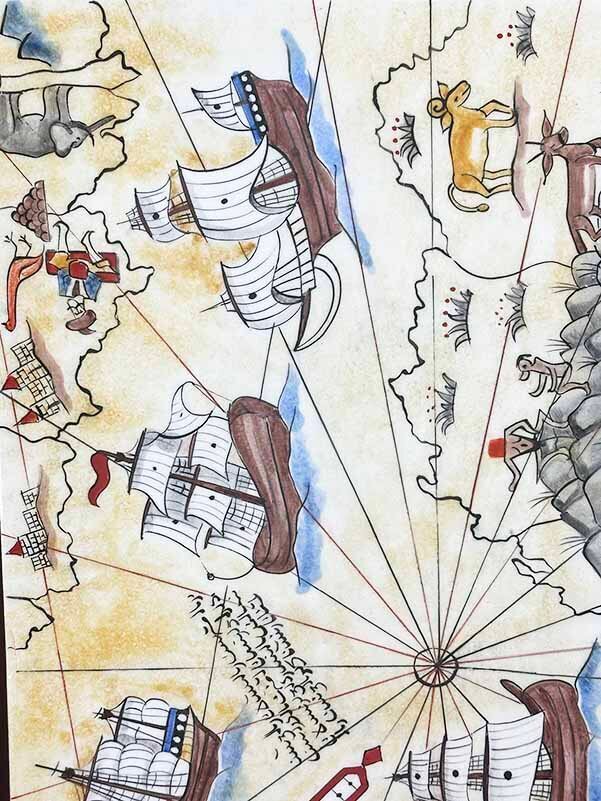 Piri Reis Haritası Motifli Paspartulu İznik Çini Pano - 2