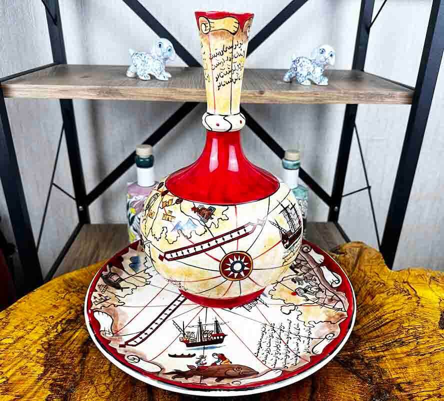 Piri Reis Map Motif Iznik Ceramic Vase and Plate Set - 1