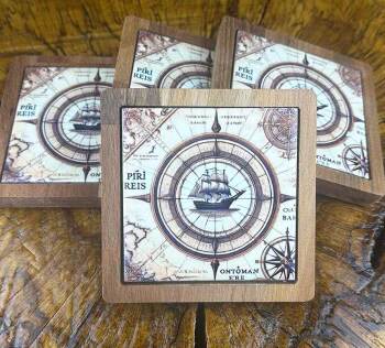 Piri Reis Motif Wooden Coaster Set - Çini Evi