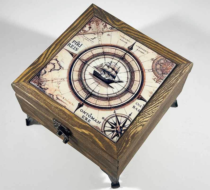 Piri Reis Motif Wooden Jewelry Box - 1