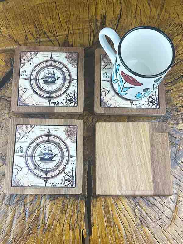 Piri Reis Patterned Wooden Coaster Set - 2