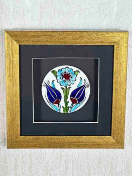 Plaque avec passe-partout en céramique d’Iznik motif double tulipe - 5
