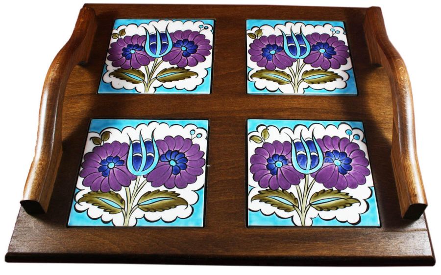 Plateau en bois avec carreaux Iznik motif jardin fleuri - 1