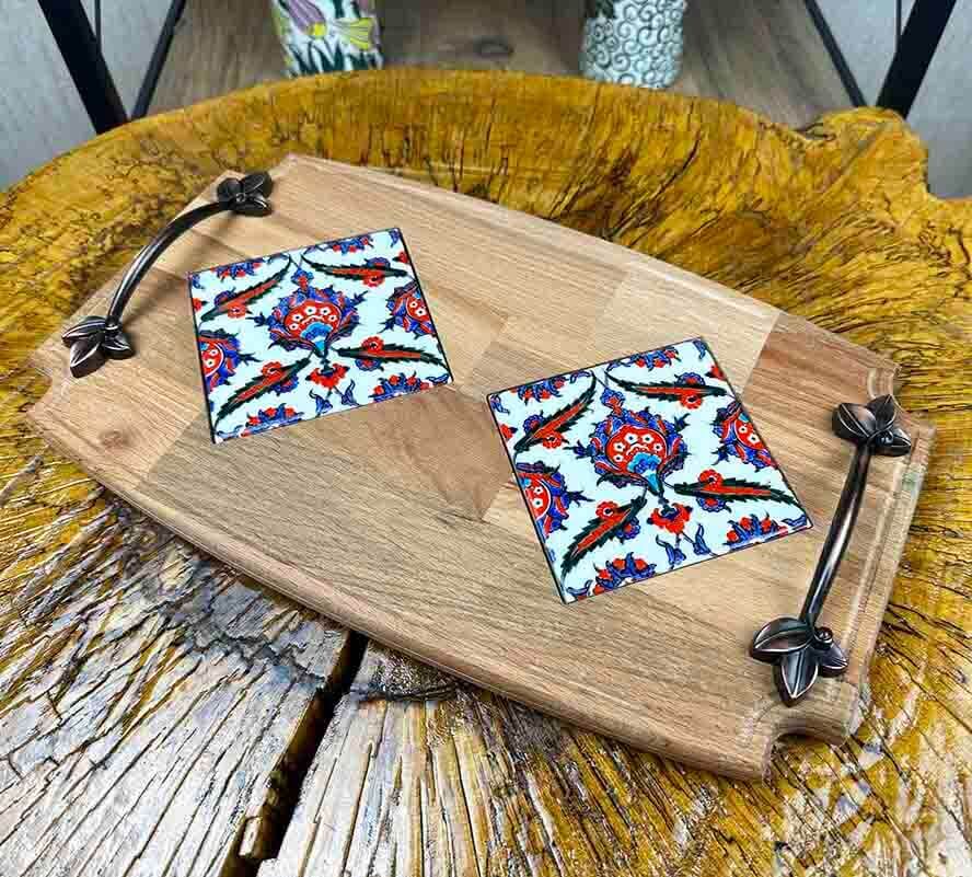 Plateau en bois motif fleur de lotus - 1