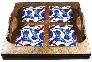 Plateau en bois motif lotus - 1