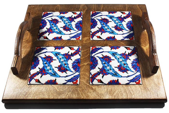 Plateau en bois motif lotus - 1