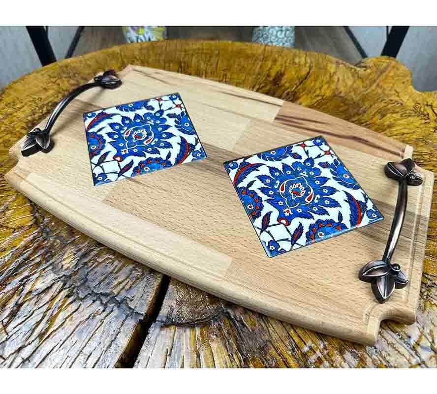 Plateau en bois motif lotus - 1
