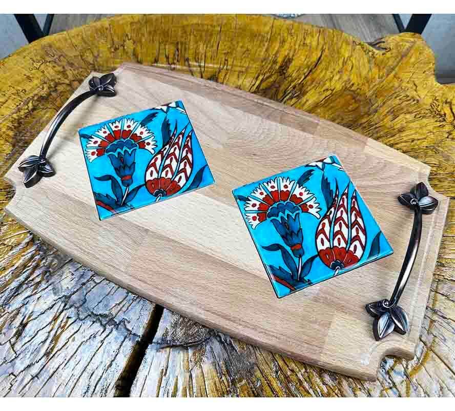 Plateau en bois motifs tulipe et œillet - 1