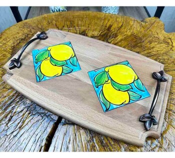 Plateau en bois avec carreaux d’Iznik – Motif citron rafraîchissant - Çini Evi