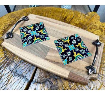 Plateau en bois avec carreaux d’Iznik – Motif de fleur de lotus, cadeau de félicitations pour un nouveau départ - Çini Evi