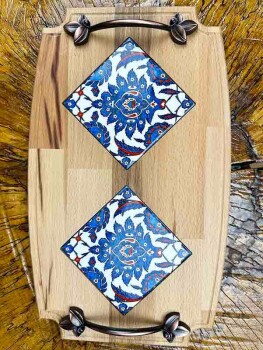 Plateau en bois avec carreaux d’Iznik – Motif de fleur de lotus - Çini Evi (1)