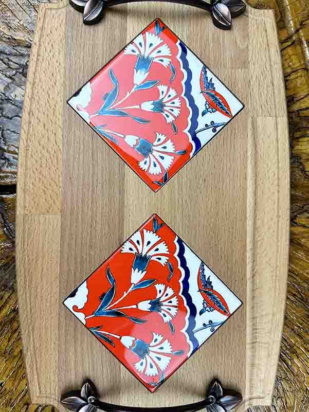 Plateau en bois avec carreaux d’Iznik – Motif de fleur d’œillet - 2