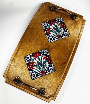 Plateau en bois motif œillet - Çini Evi