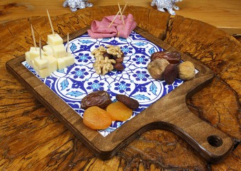 Plateau de service en bois motif fleur de lotus - Çini Evi