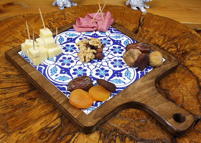 Plateau de service en bois motif fleur de lotus - 1