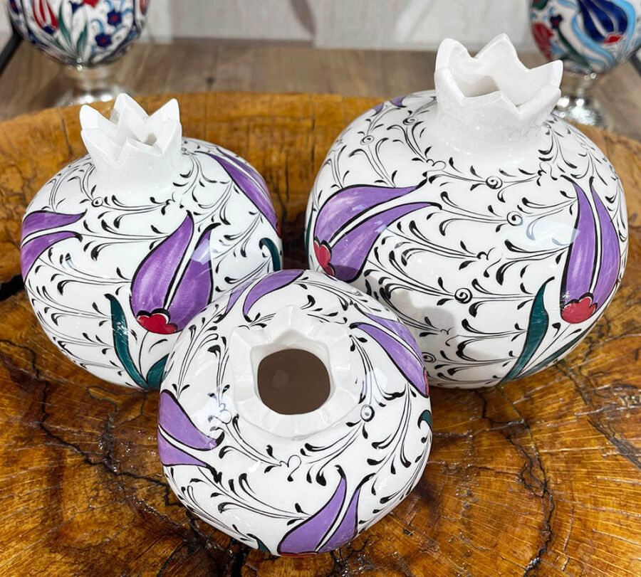 Plum Tulip Motif Iznik Ceramic Pomegranate Set - 1