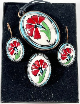 Pottery jewelry set with red carnation patterned - 1
