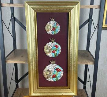 Prestigious Gift: Iznik Ceramic Triple Pomegranate Panel with Carnation & Haliç Motifs - Çini Evi