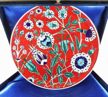 Red Background Night Garden Iznik Ceramic Plate - Çini Evi