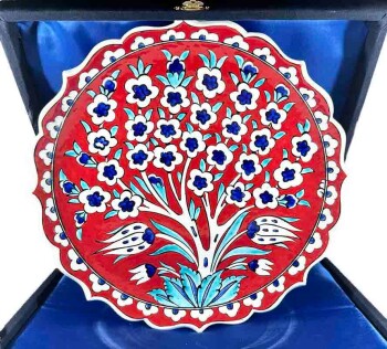 Red Background Tree of Life Iznik Ceramic Plate - Çini Evi