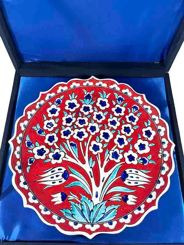 Red Background Tree of Life Iznik Ceramic Plate - 3