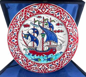 Red Border Galleon Pattern Iznik Ceramic Plate - Corporate and Protocol Gift - Çini Evi