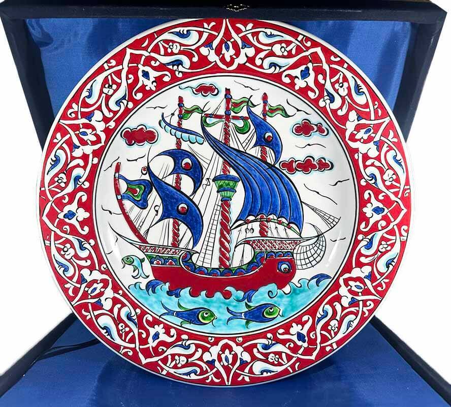 Red Border Galleon Pattern Iznik Ceramic Plate - Corporate and Protocol Gift - 1