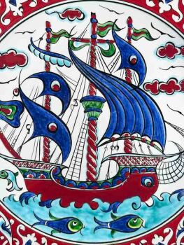 Red Border Galleon Pattern Iznik Ceramic Plate - Corporate and Protocol Gift - 2