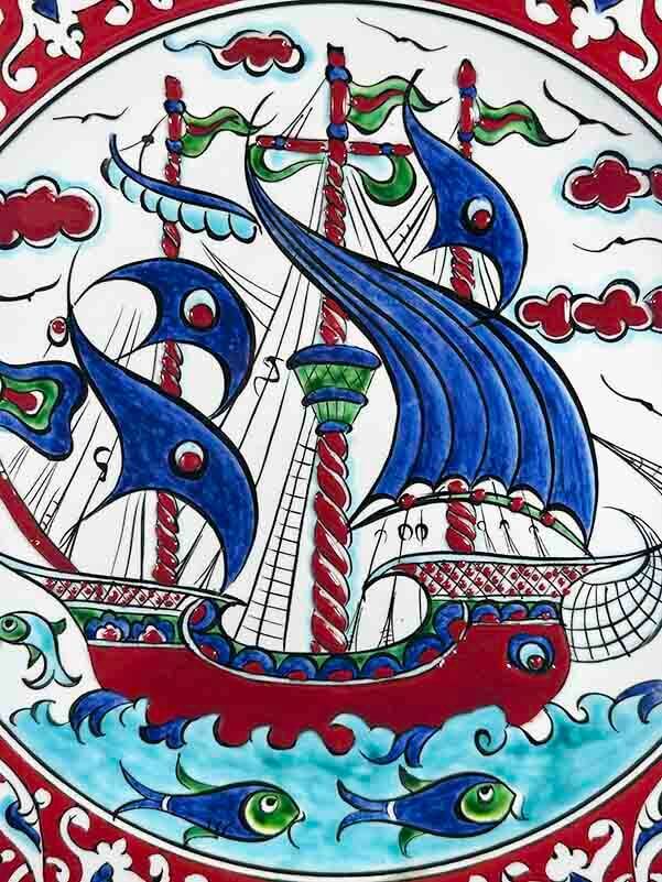 Red-Bordered Galleon Iznik Ceramic Plate – Corporate & Protocol Gift - 2