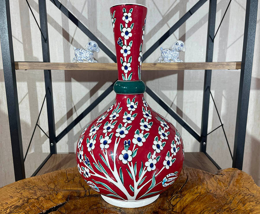 Red Ground Life Tree Patterned Tear Vase - 1