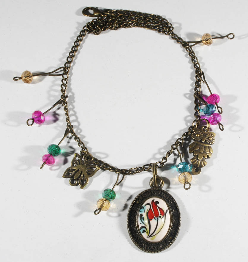 Red Tulip Patterned Handmade Iznik Tile Anklet - 1