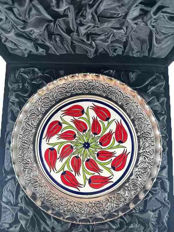 Red Tulips Patterned Silver Decorative Plate - 2