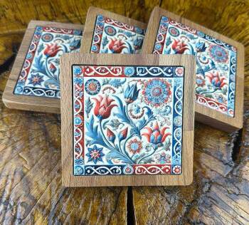 Rose Garden Motif Wooden Coaster Set - Çini Evi