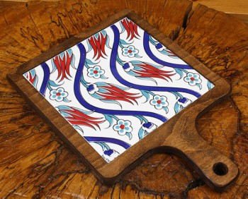 S Tulip Motif Wooden Serving Tray - Çini Evi (1)