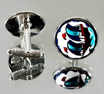 Sailor Wind Galleon Motif Iznik Ceramic Cufflinks - 1
