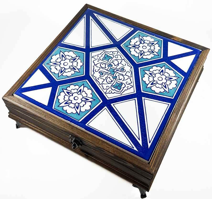 Schmuckbox aus Holz mit Blau-Türkis-Muster – Inspiriert von Iznik-Motiven - 1