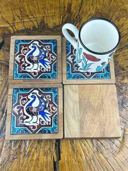 Seljuk Bird Patterned Wooden Coaster Set - Çini Evi (1)