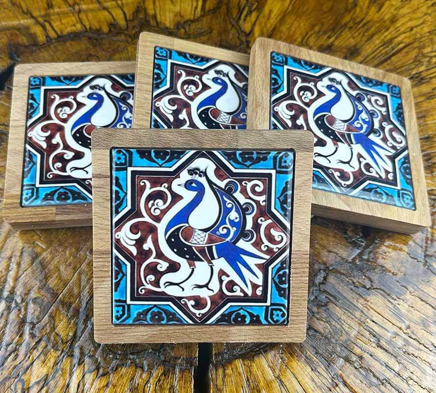 Seljuk Bird Patterned Wooden Coaster Set - 1
